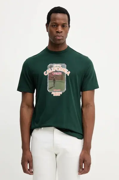 Bavlněné tričko Guess PANORAMA pánské, zelená barva, s aplikací, M5YI18 I3Z14