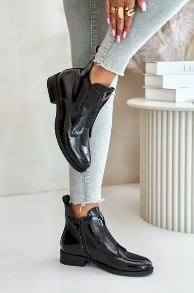 Patent leather women's ankle boots with a flat heel insulated black S.Barski black