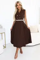 596-4 Elegant midi shirt dress with gold buttons and belt - chocolate