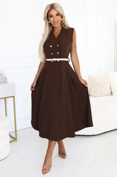 596-4 Elegant midi shirt dress with gold buttons and belt - chocolate
