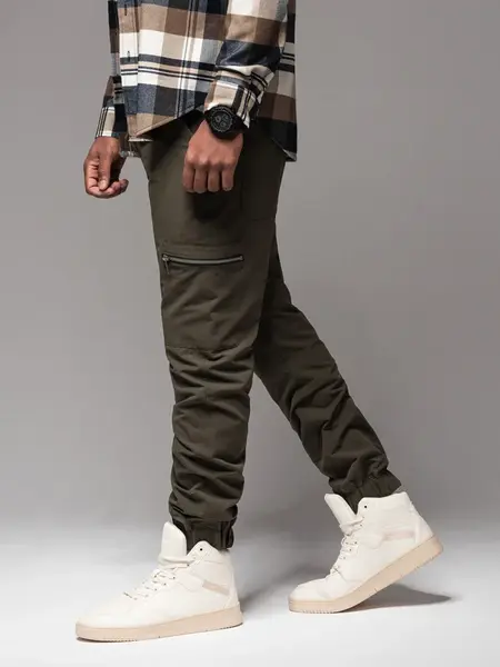 Ombre Men's jogger pants with cargo pockets and print - dark olive green