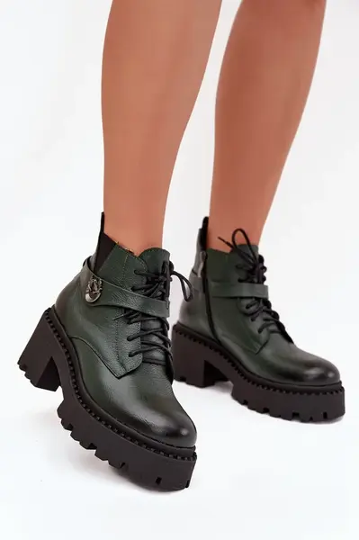 Kožené dámske členkové topánky na kocku s ozdobným pásom zateplené Zazoo