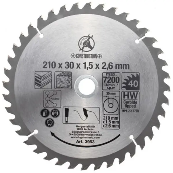 BGS Technic BGS 3953 Pilový kotouč ze slinutého karbidu průměr 210 x 30 x 2,6 mm 40 zubů