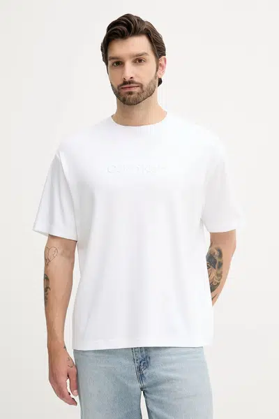 Bavlněné tričko Calvin Klein pánské, bílá barva, s aplikací, LV04LC206G