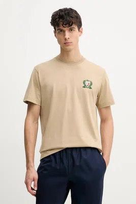 Bavlněné tričko Lacoste béžová barva, s aplikací, TH0027