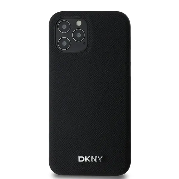 Zadní kryt DKNY PU Leather Silver Metal Logo Magsafe pro Apple iPhone 12/12 Pro, černá