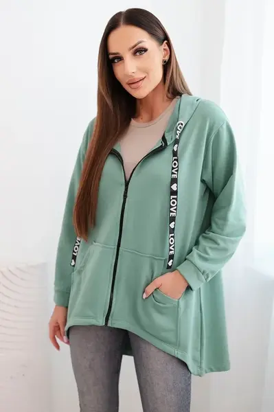 Mikina s delším zadním dílem a kapucí tmavě mint