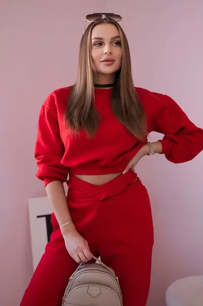 Zateplený komplet s krátkou mikinou červené barvy