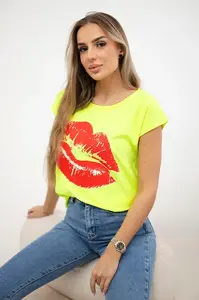 Halenka s potiskem rtů žlutá neon+červená