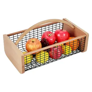 Beech Wood & Iron Wire Storage Basket with Curved Handle
