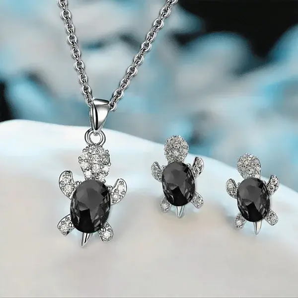 Tortoise Alloy Rhinestone & Glass Pendant Necklaces & Stud Earrings Sets