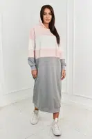 Tříbarevné šaty s kapucí pudrově růžová + ecru + šedá
