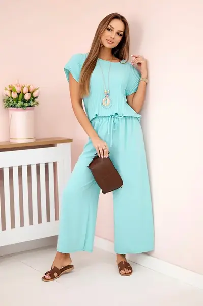 Kesi Włoski Viskózový komplet plisovaná halenka + kalhoty mincovna