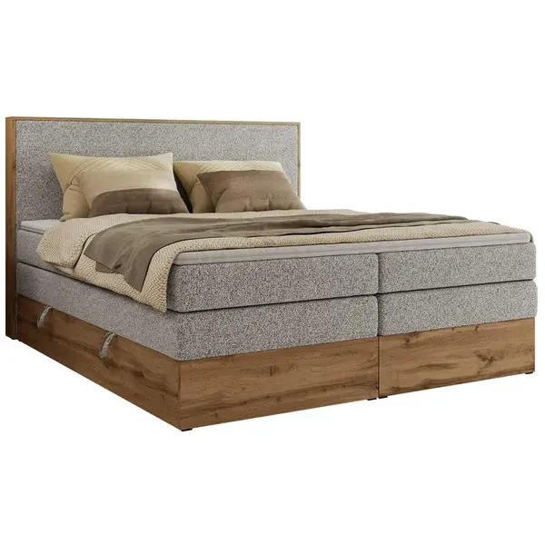 MKS POSTEL BOXSPRING WOOD CLASSIC KING 200/200 - Světle šedá Strukturovaná látka - H3
