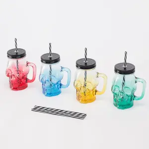 Relaxdays SKLENICE Barevná 4-dílná-sada lebka s víčkem a brčkem 500 ml