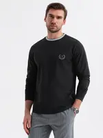 Ombre Men's cotton longsleeve with striped U neckline and embroidery - black