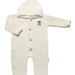 Baby Nellys Pletený overálek s kapucí a knoflíčky Hand Made, ecru, vel. 80/86