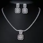 Square Brass Micro Pave Clear Cubic Zirconia Pendant Necklaces & Stud Dangle Earrings Sets