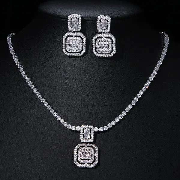 Square Brass Micro Pave Clear Cubic Zirconia Pendant Necklaces & Stud Dangle Earrings Sets