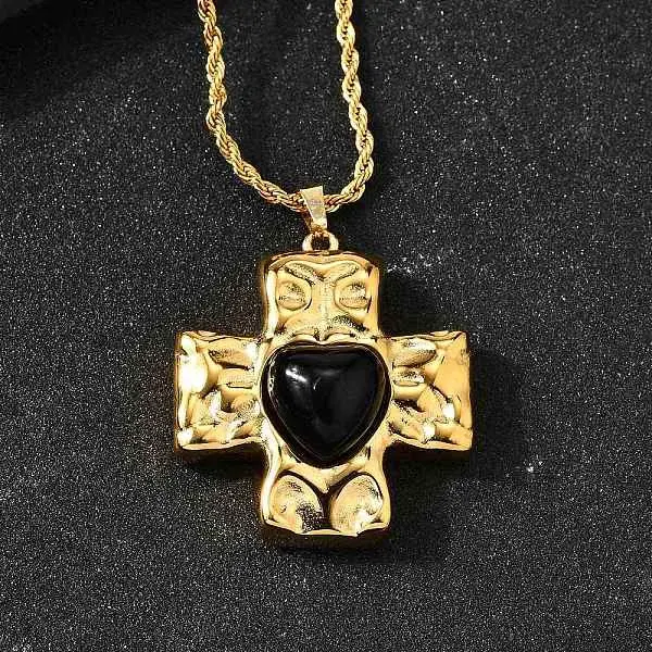 Cross with Heart 304 Stainless Steel Cubic Zirconia Pendant Necklaces