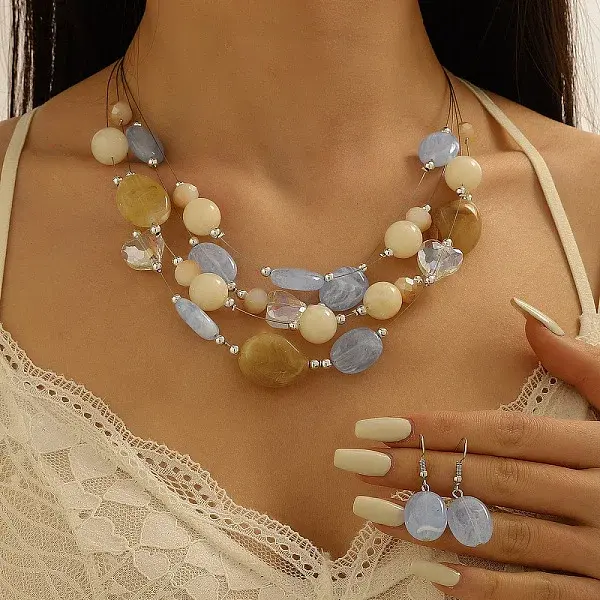 Retro Alloy Resin Dangle Earrings & Multi-Layered Necklaces Sets