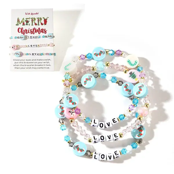 3Pcs Christmas Theme Handmade Polymer Clay & Glass Bicone Beads Stretch Bracelet Sets