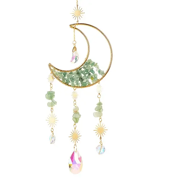 1Pc Alloy & Natural Gemstone Chips Moon Hanging Ornaments