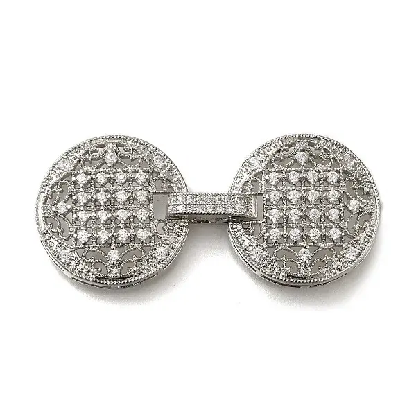 Rack Plating Flat Round Brass Micro Pave Clear Cubic Zirconia Fold Over Clasps