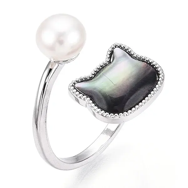 Natural Pearl Finger Open Cuff  Ring with Black Shell