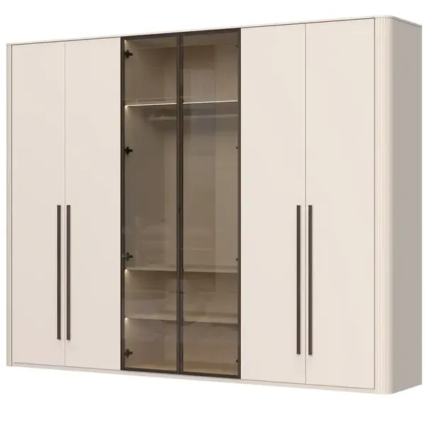 Šestidveřová šatní skříň s osvětlením a dvěma prosklenými dveřmi