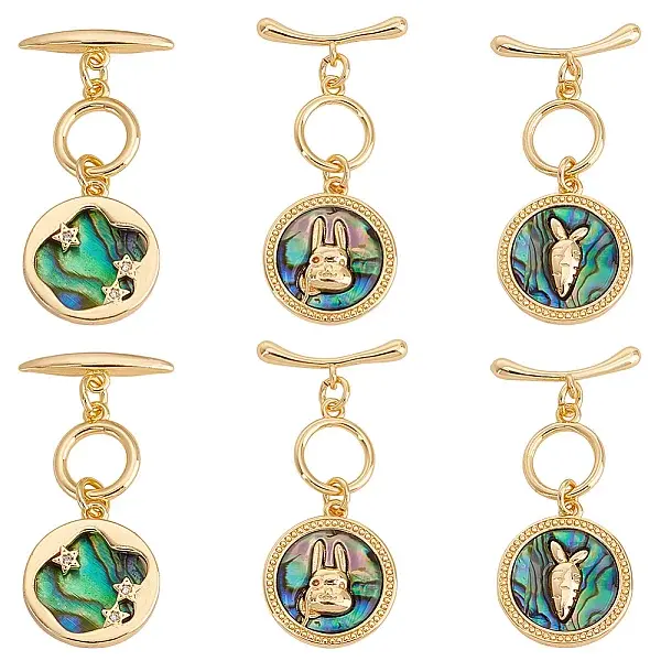 6Pcs 3 Styles Brass Toggle Clasps with Paua Shell