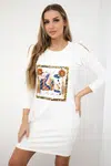 Dress with 3D graphics and decorative pom pom ecru