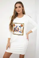Dress with 3D graphics and decorative pom pom ecru