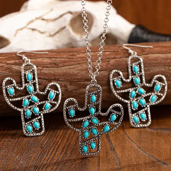 Cactus Alloy & Acrylic Pendant Necklaces & Dangle Earrings Sets