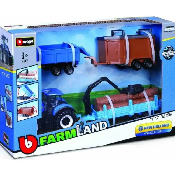 Bburago 10cm Farm tractor Gift Set - New Holland T7.315 HD s 3 přívěsy