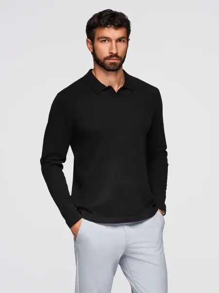 Ombre Men's polo sweater with embroidery on chest - black
