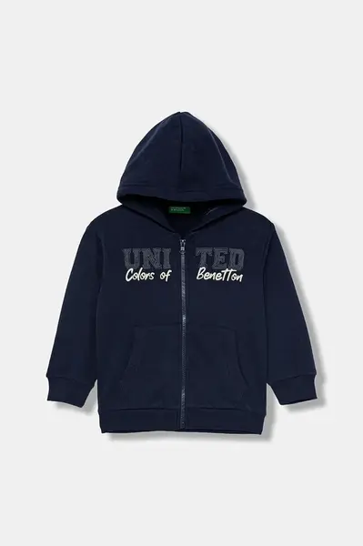 Dětská mikina United Colors of Benetton tmavomodrá barva, s kapucí, s potiskem, 3EB5G5043