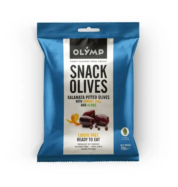 Olymp Kalamata tmavé olivy bez pecky s pomerančovou kůrou a bylinkami 70 g