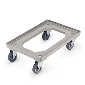 Šedý vozík pro stohování přepravek