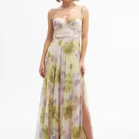 Carmen Pistachio Green Printed Slit Long Evening Dress