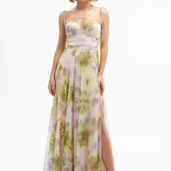 Carmen Pistachio Green Printed Slit Long Evening Dress