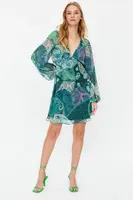 Trendyol Green Ethnic Patterned A-Line Collar Tied Mini Lined Chiffon Woven Dress