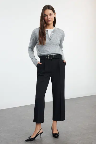 Trendyol Black Belted Ankle Length Woven Fabric Trousers