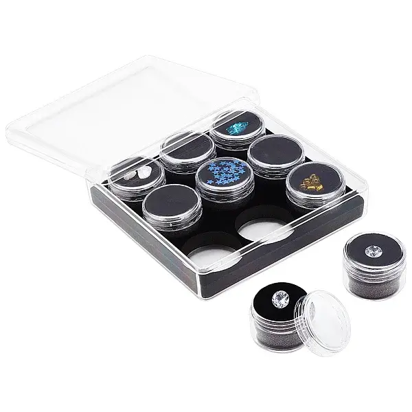 9 Slots Mini Round Plastic Jewelry Screw Top Bead Jars Sets with Velvet Inside