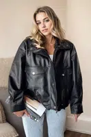 61605 Dewberry Double Pocket PU Women Jacket-BLACK