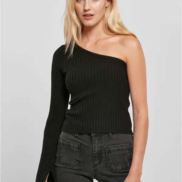 Women's sweater with short ribbed knit with one sleeves, black