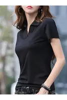 73369 Dewberry Womens Collar Detailed Lycra Flexible T-Shirt-BLACK