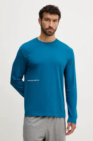 Bavlněné pyžamové tričko s dlouhým rukávem United Colors of Benetton pánské, modrá barva, s potiskem, 30964M021