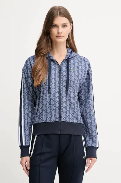 Mikina Lacoste dámská, modrá barva, s kapucí, vzorovaná, SF7606