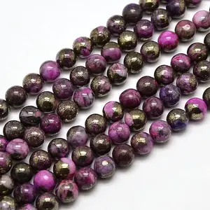 Electroplate Gemstone Natural Pyrite Round Beads Strands